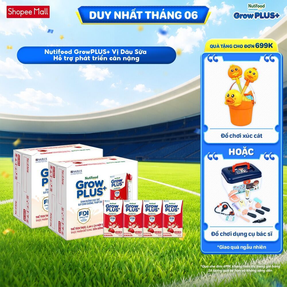 Combo 2 Thùng 24 hộp Sữa bột pha sẵn Nutifood GrowPLUS+ Vị Dâu Sữa hộp 110ml - Trên 1 tuổi