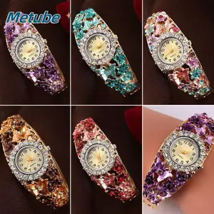 Đồng hồ đeo tay đính đá METUBE, Đồng hồ bướm hoa mặt tròn bằng hợp kim, Phong trào thạch anh tinh tế Vòng tay thạch anh sang trọng Đồng hồ đeo tay thời trang