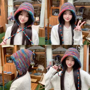 PNPIA- Mũ beanie đan sọc cầu vồng mới dành cho nữ Cô gái mùa đông ấm áp Móc bảo vệ tai