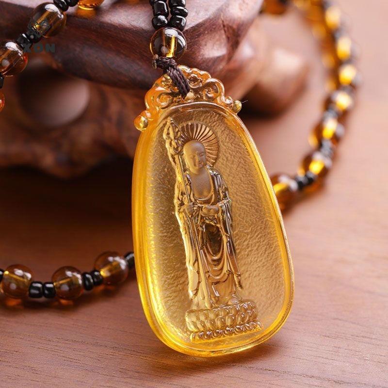 [XON] Mặt dây chuyền Luy pha lê màu vàng băng Áo len dài Nelace Ksitigarbha Amitabha Phật giáo Tây Tạng Tôn giáo Bùa hộ mệnh Quà tặng Unisex [Mina]