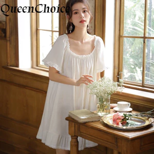 Phụ Nữ Chắc Chắn Trắng Váy Ngủ Bộ Đồ Ngủ Nữ Vintage Retro Cotton Đồ Ngủ Váy Ngủ