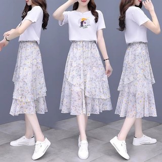 Đầm voan tươi tắn và thanh lịch dành cho nữ, phong cách mùa hè mới, ngọt ngào và sang trọng, bộ hai mảnh in hoa tôn dáng