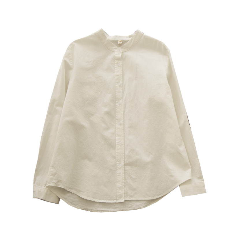 [Hàng có sẵn] Áo sơ mi nữ cotton Xuân Thu cổ đứng dài tay phong cách đại học, áo thẳng xuyên thấu