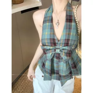 Áo Vest dây nơ kẻ sọc màu tương phản cổ điển dành cho nữ Mùa hè Phong cách mới sang trọng Slim-fit S