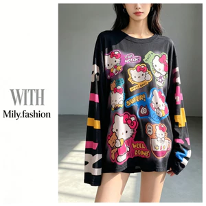 Milyfashion Loose Slimmer Look Gạc Đế Chống Nắng Dài Tay KT Cat In Hình T Co Giãn Nữ W8JJ