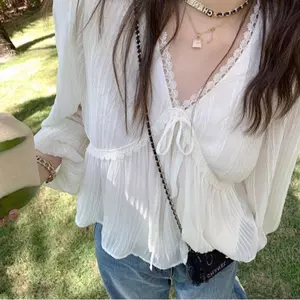 Áo sơ mi voan sang trọng phong cách mới Phong cách Hàn Quốc Áo sơ mi voan dài tay kiểu Pháp mỏng hơn Áo sơ mi voan nhỏ tươi