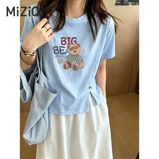 [Miziqi] Áo thun ngắn tay in hình gấu dành cho nữ mùa hè cổ tròn viền cắt ngắn
