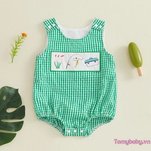 Bộ áo liền quần kẻ sọc mùa hè cho bé trai Bộ áo liền quần cổ tròn không tay thêu dễ thương