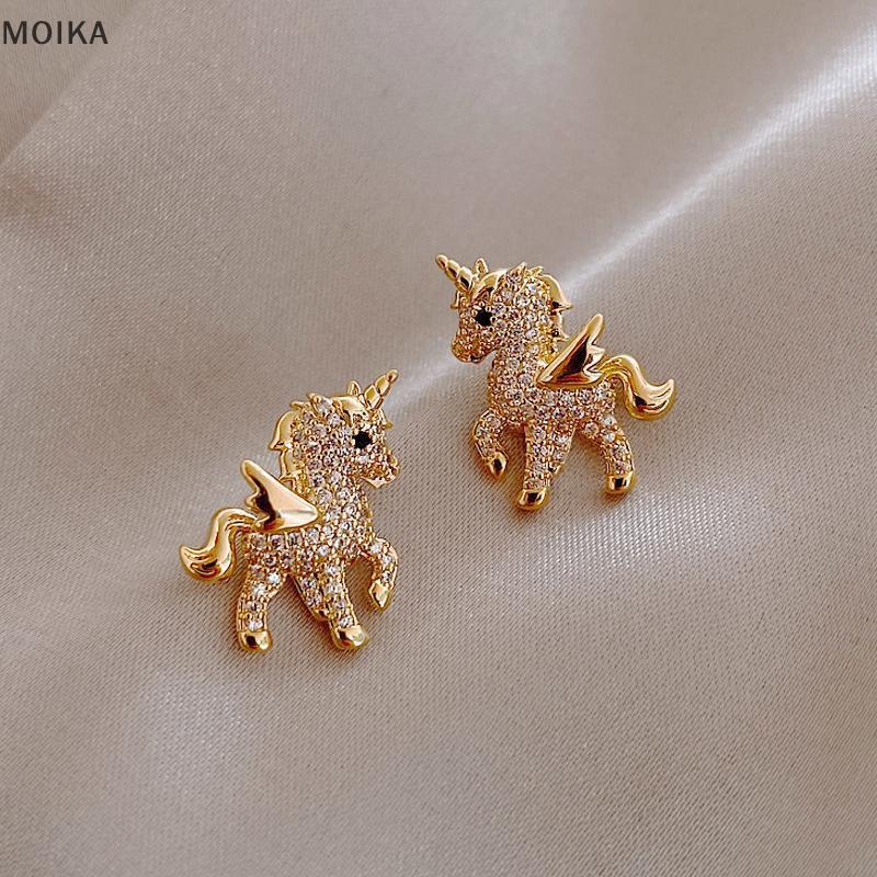 MOIKA Mới Dễ Thương Động Vật Bông Tai Dành Cho Nữ Tính Khí Ngựa Kim Cương Giả Tai Bé Gái Sinh Nhật Trang Sức VN