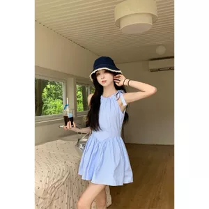 Đầm cổ dây xếp ly thiết kế phong cách ngọt ngào dành cho nữ mùa hè hẹp dáng ôm hơn Tính khí màu xanh Fluffy a @