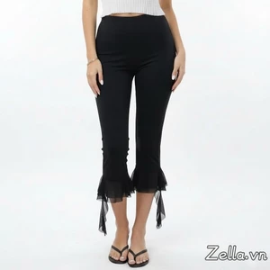 Quần Capri Chắc Chắn Nữ Sheer Lưới Chắp Vá Vạt Viền Eo Co Giãn Quần Crop Slim