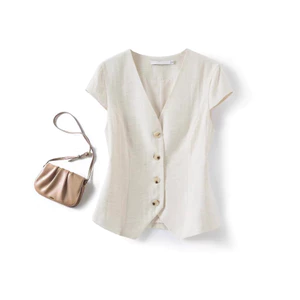 Vải Lanh Phù Hợp Với Áo Vest Nữ 2025 Mỏng Phong Cách Bên Ngoài Thường Ngày Giảm Tuổi Thịt-Covering Áo Vest Ngắn Tay Áo Vest Áo Khoác 6.4
