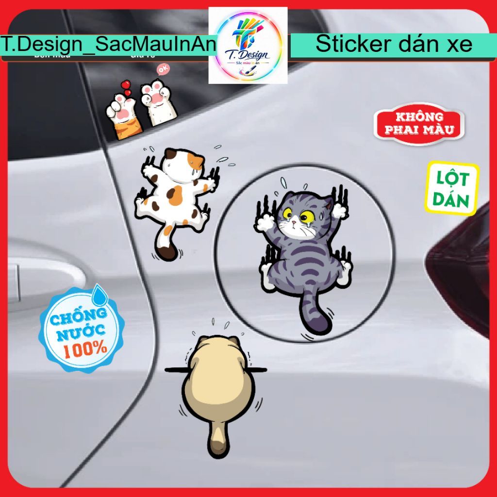 Set 5 con Mèo đi 2 chân dễ thương dán kính xe, sticker chống nước, che vết xước