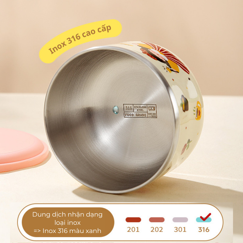 Bát Cơm Inox 316 KOOBEE Có Nắp 400ml/520ml – Hộp Cơm Cách Nhiệt 2 Lớp, Bát Ăn Dặm Hoạt Hình Cho Bé | 394