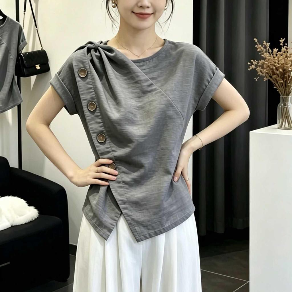 [Hàng mới về] Thiết kế kích thước lớn Áo sơ mi ngắn tay không đều dành cho nữ mùa hè béo mm Slimer Look Grey Top