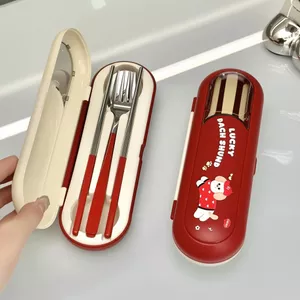 Bộ đồ ăn bằng thép không gỉ Panzai Bộ ba mảnh Muỗng Nĩa Đũa Nhà Bộ đồ ăn dễ thương Bộ đồ ăn hoạt hình Hộp mang đi Bộ đồ ăn học sinh 6.