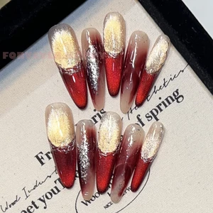 10 Chiếc Giấy Vàng Pháp Blush Bướm Handmade Móng Tay Giả Có Mắt Mèo Kim Cương Giả