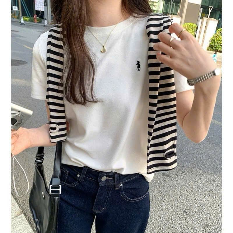 Áo thun, áo phông cộc tay chất liệu thun zip mềm mịn, co giãn thoải mái thấm hút hôi kiểu dáng basic thêu hình ngựa