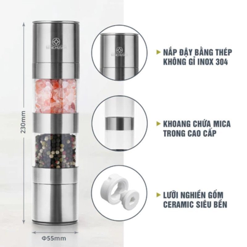 cối xay tiêu muối 2 đầu xay tay inox lưỡi ceramic hũ gia vị nhà bếp tiện dụng dễ vệ sinh
