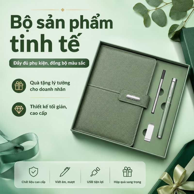 Bộ Sổ Tay - Bộ Quà Tặng Cao Cấp Khắc Tên (Sổ Da, Bút, Bình Inox 304) - Quà Tặng Doanh Nghiệp & Cá Nhân Cho Mọi Dịp