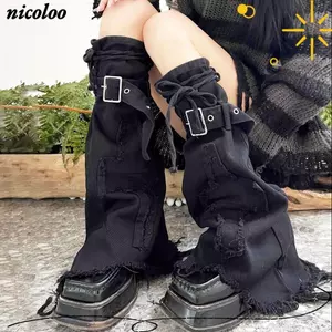 Máy giữ ấm chân NICOLOO, Vỏ chân Denim đen Harajuku cổ điển, Dây đeo dây rút Y2k Tất xếp chồng sừng Punk