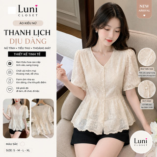 [Luni-oder] Áo Kiểu Nữ Ren Hoa Cổ Tim Tay Phồng Thêu Thủ Công Jacquard , Áo Kiểu Peplum Chiết Eo Màu Kem Thanh Lịch AK10
