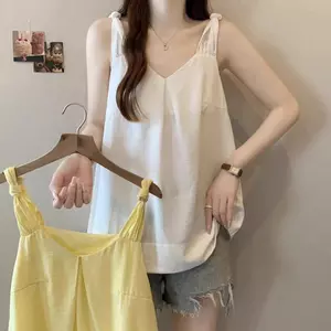 Áo yếm không tay thắt nút cổ chữ V thiết kế Sense, mùa hè Plus Size Fat mm Áo khoác ngoài rộng rãi