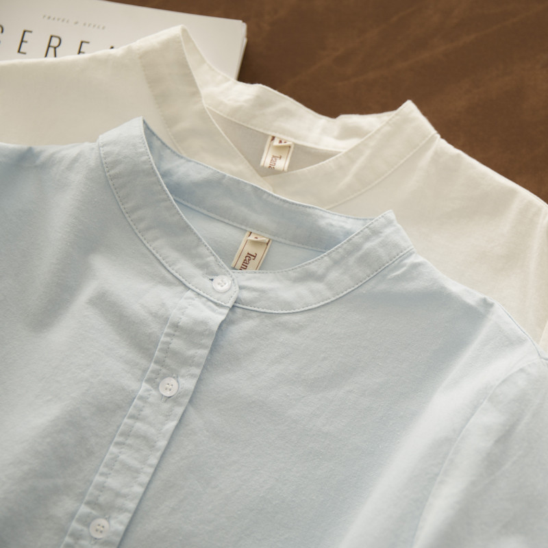 [Hàng có sẵn] Áo sơ mi nữ cotton Xuân Thu cổ đứng dài tay phong cách đại học, áo thẳng xuyên thấu