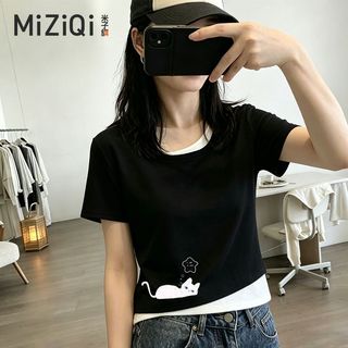 [MIZIQI] Áo thun ngắn tay hai mảnh màu tương phản mùa hè dành cho nữ, áo thun Cotton nguyên chất dáng rộng dáng rộng mỏng hơn