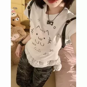 Áo thun ngắn tay ren vai chính hãng mùa hè ngắn Slim-Fit Sweet Hot Girl Top