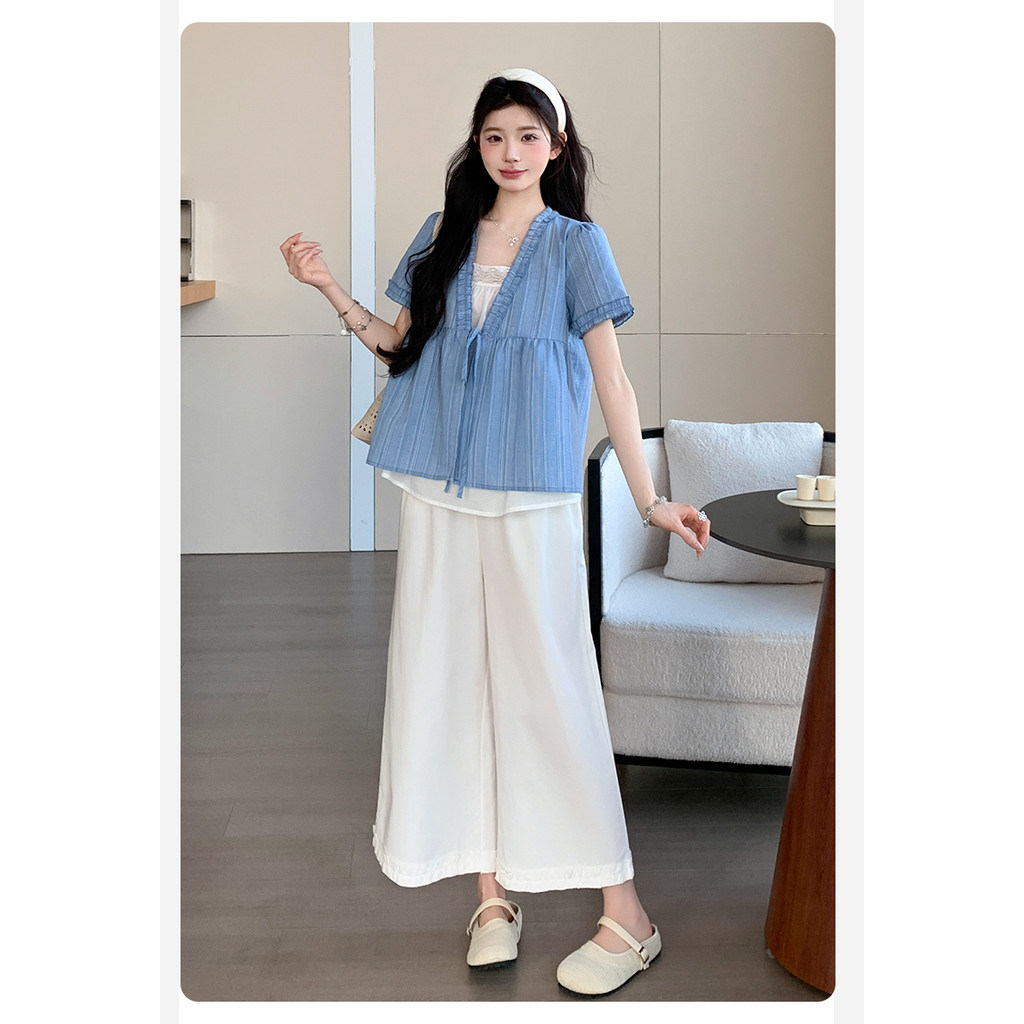 Bộ đồ bà bầu Mùa hè Nấm cạnh dáng rộng Áo sơ mi em bé + Quần ren Bộ đồ hai mảnh