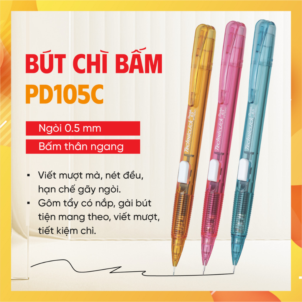 Bút chì bấm Pentel PD105C ngòi 0.5mm nút bấm thân giữa tiện lợi viết trơn nét mảnh