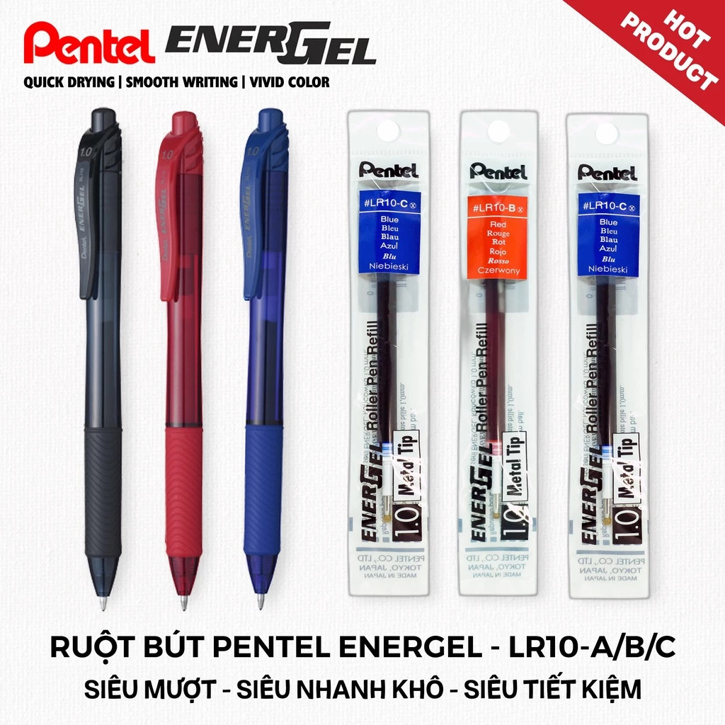 Ruột bút ký Pentel Energel LR10 ngòi 1.0mm 3 màu mực chính hãng