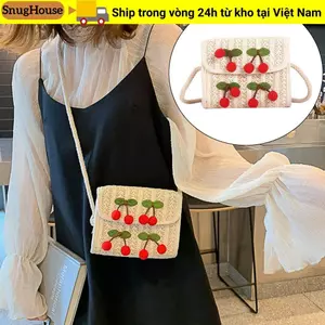 Túi xách nữ SNUGHOUSE, Túi đeo vai thoải mái bằng rơm dệt, Túi đeo nách dung tích lớn họa tiết anh đào dành cho nữ bé gái