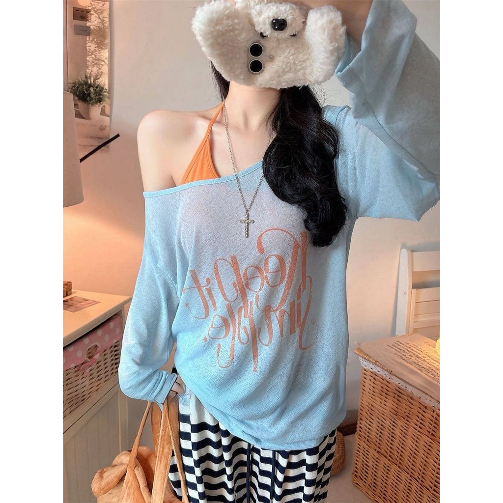 Milyfashion Dây Đeo Cổ Phù Hợp Với Miếng Lót Ngực Lười In Chữ Chống Nắng Áo Thun Dài Tay Rời Ôm Hơn Nhìn Phiên Bản Hàn Quốc Tất Cả @ -