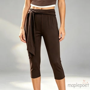 MAPLEPOET-Quần Capri dành cho nữ Thắt lưng thun cạp thấp Slim Fit Quần crop co giãn có thắt lưng