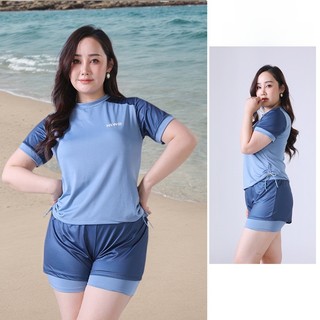 Plus Size Nữ Hai Mảnh Đồ Bơi Màu Hồng Nhiệt Đới Tay Ngắn Rash Guard Đồ Bơi 0529
