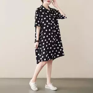 Kích thước cực lớn mm150kg Đầm POLO ngắn tay dáng rộng Váy chấm bi cho nữ Váy sơ mi ngắn tay dài vừa phải mùa hè
