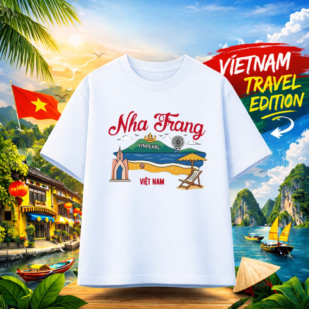 （Giao hàng 24h）Angela Áo Thun Việt Nam Nha Trang Du Lịch Vietnam In Hình Biển Tháp Hòn Nam Nữ Unisex Cổ Tròn#123