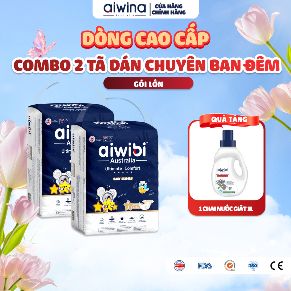 [Combo 2] Tã/Bỉm Dán Cao Cấp Aiwibi Chuyên Ban Đêm Ultimate Comfort - Gói Lớn S/M/L