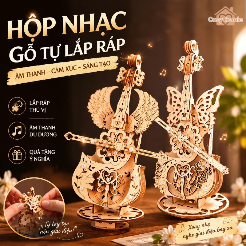 Hộp nhạc gỗ tự lắp ráp mô hình chuyển động gỗ tự nhiên âm nhạc Castle in the sky quà tặng trang trí