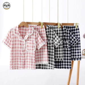 Phong cách Nhật Bản Muji / Quần Short ngắn tay kẻ sọc hai lớp mùa hè dành cho trẻ em Bộ đồ ngủ / Quần áo gia đình thấm mồ hôi rộng rãi mùa hè / Thoải mái