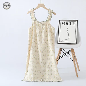 Váy ngủ Cotton nguyên chất có ren mùa hè dành cho nữ / Váy ngủ gia đình không tay mỏng / Váy dài gia đình thấm mồ hôi