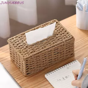 Hộp đựng khăn giấy dệt JUNYUE88US, Hộp đựng khăn giấy mây giả dung tích lớn thủ công, Trang trí ngoại hình cao cấp Mở rộng Hình chữ nhật Khăn ăn để bàn Văn phòng