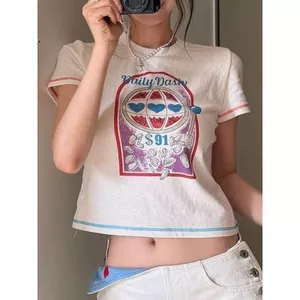 Phong cách mới Phong cách Hàn Quốc Áo thun in hình phong cách mát mẻ ngọt ngào dành cho nữ viền màu tương phản Phong cách ngắn eo lộ dáng ôm vừa vặn hơn...