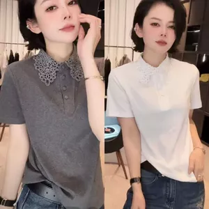 Áo thun ngắn tay áo polo nữ mùa hè thời trang mới cổ rỗng thông thường dành cho nữ
