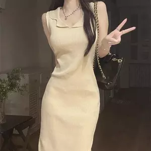 Váy dệt kim không tay Mùa hè đi lại Ôm vừa vặn Váy dài vừa phải