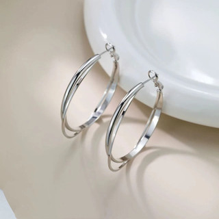 S925 Bạc Kim Đôi Lớp Nhẫn Bông Tai Thời Trang Đơn Giản Nữ Trang Sức Quà Tặng Mặc Hàng Ngày