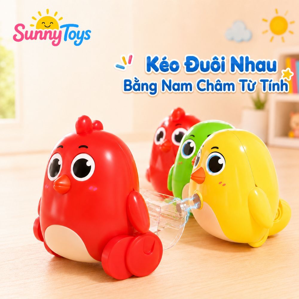 Bộ 4 Gà Con Vặn Cót SunnyToys - Đồ Chơi Nam Châm Nối Đuôi Xoay 360 Độ Cho Bé