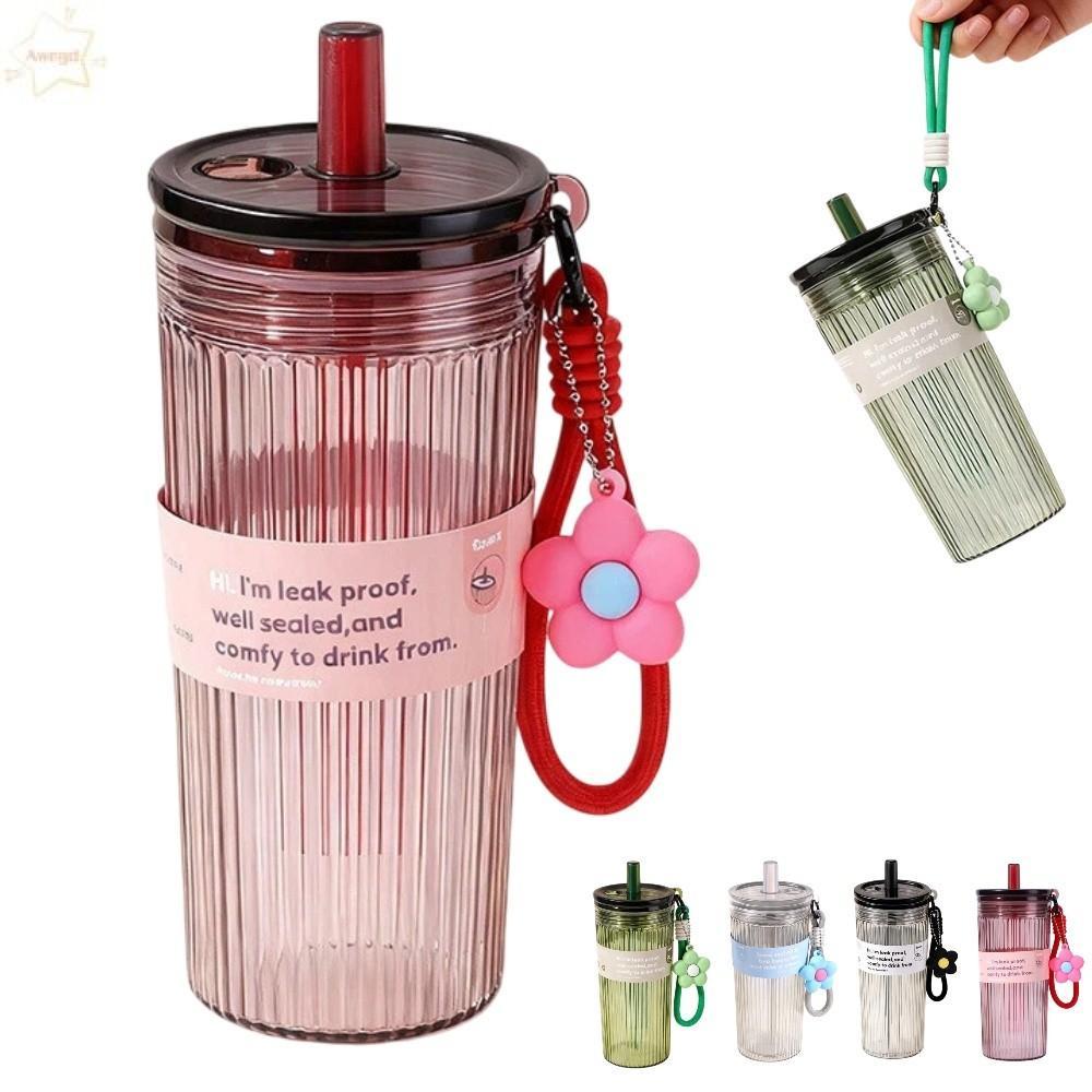 Cốc Rơm Nhựa Mùa Hè AWNGD, Cốc Nước Sinh Viên Chống Rò Rỉ Dung Tích Lớn 650ML, Di Động Có Nắp & Dây Treo Mặt Dây Chuyền Hoa Trong Suốt Cốc Uống Thể Thao Ngoài Trời